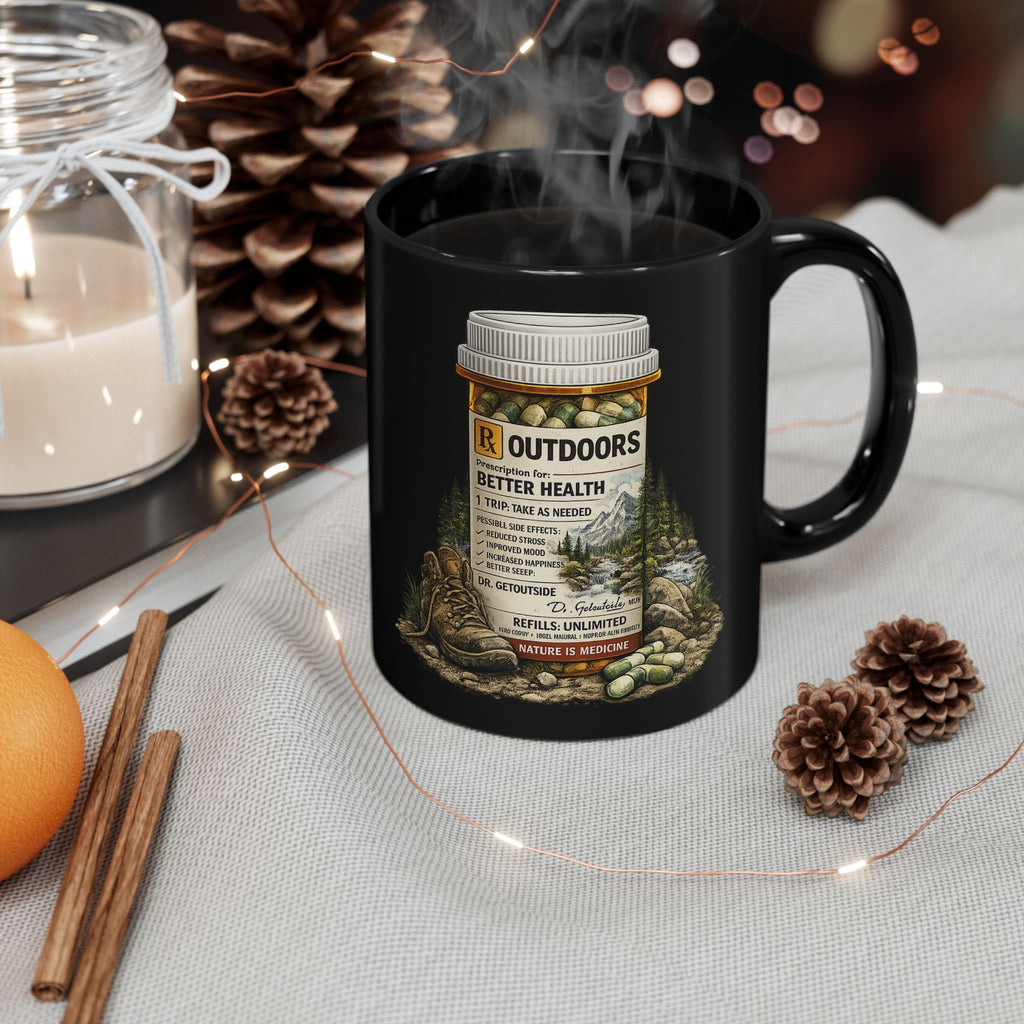 Left Hand Outdoor Mug — 'Outdoors: Better Health' Prescription Bottle Camping Coffee Mug