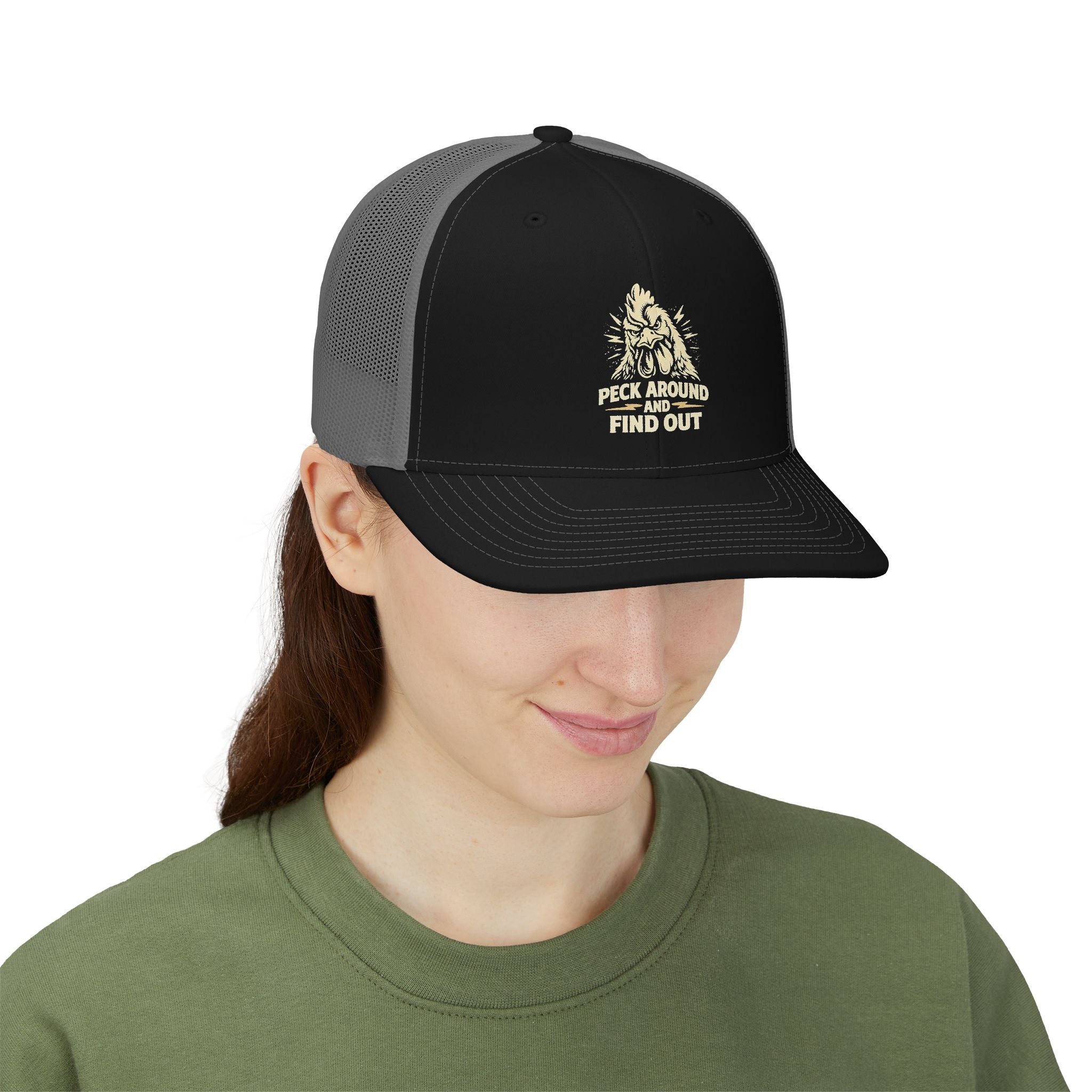 Snapback Trucker Cap — 'Peek Around & Find Out' Bigfoot Graphic Hat