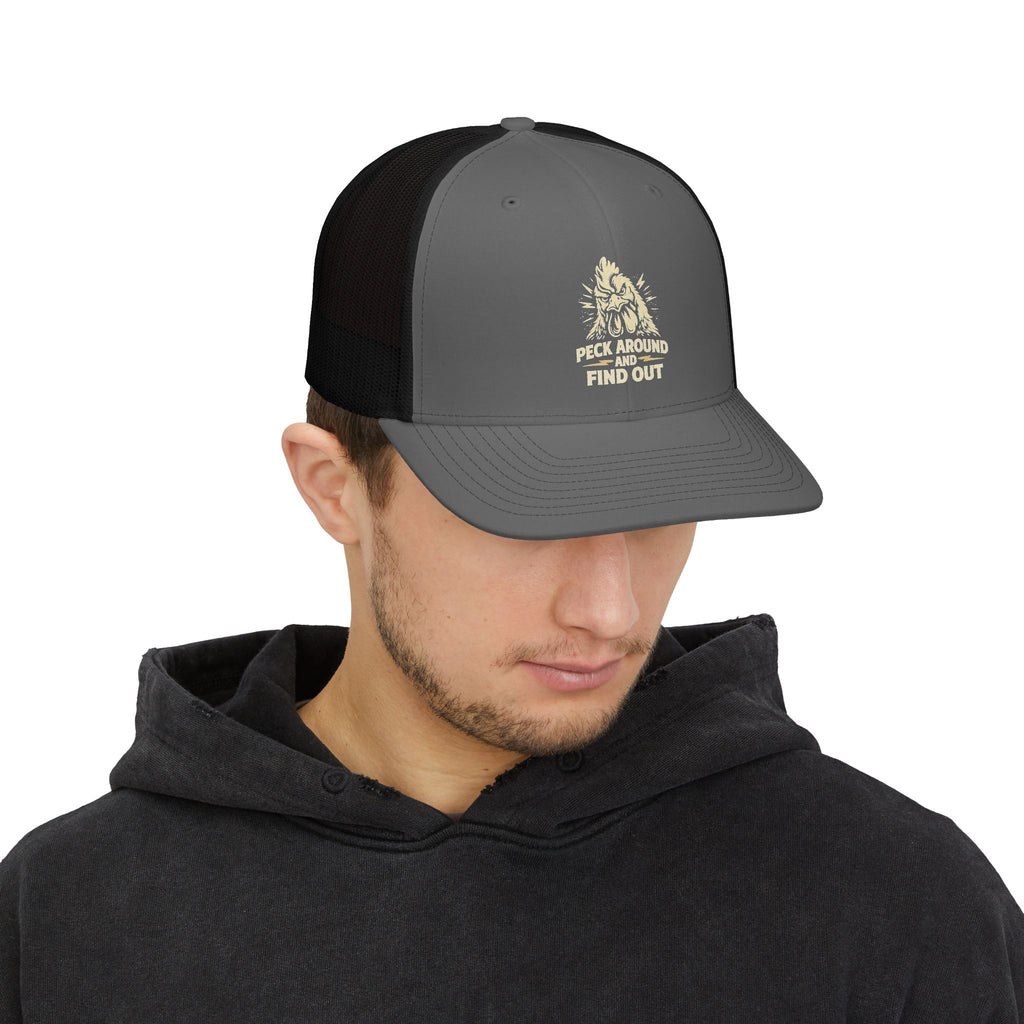 Snapback Trucker Cap — 'Peek Around & Find Out' Bigfoot Graphic Hat