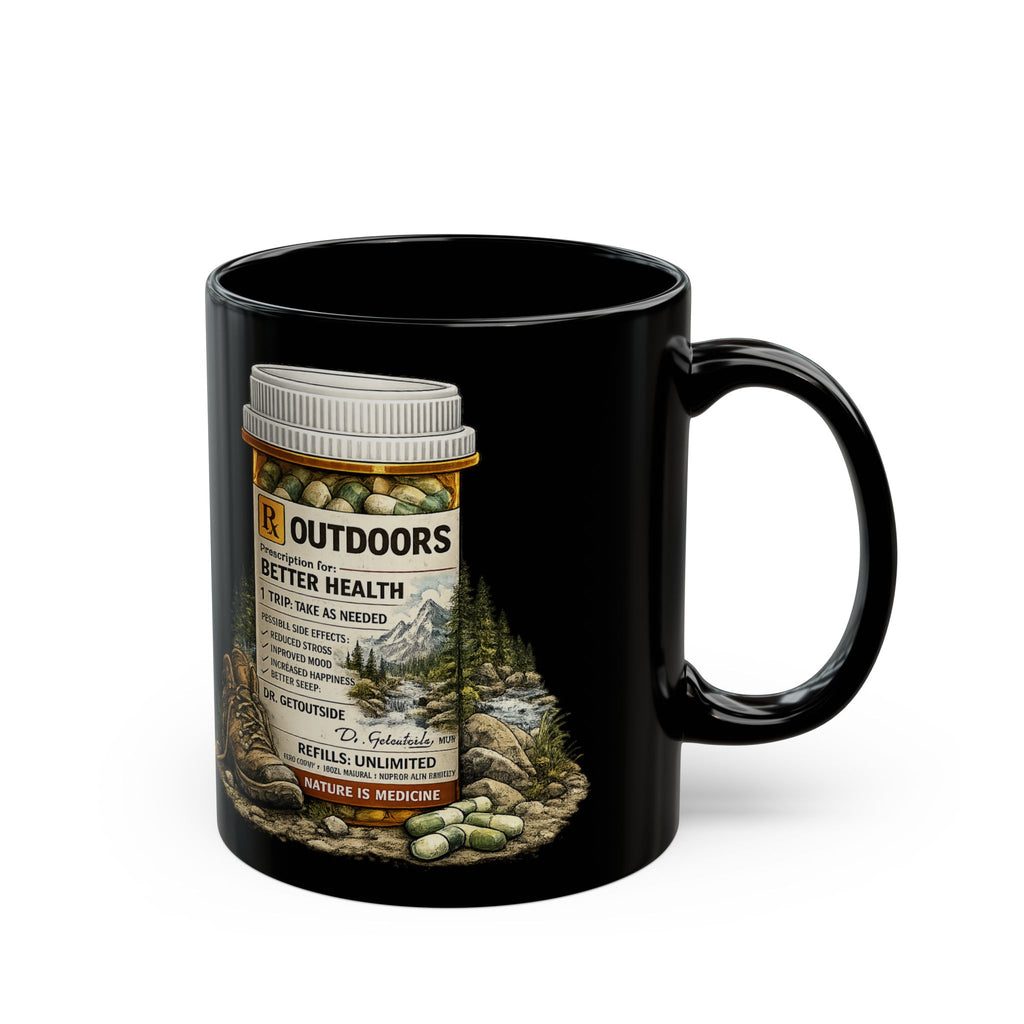 Left Hand Outdoor Mug — 'Outdoors: Better Health' Prescription Bottle Camping Coffee Mug