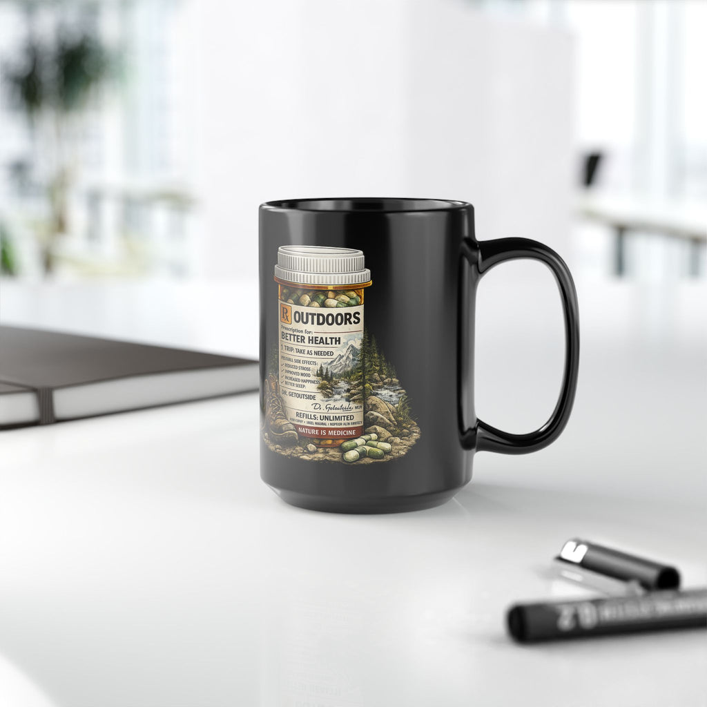Left Hand Outdoor Mug — 'Outdoors: Better Health' Prescription Bottle Camping Coffee Mug