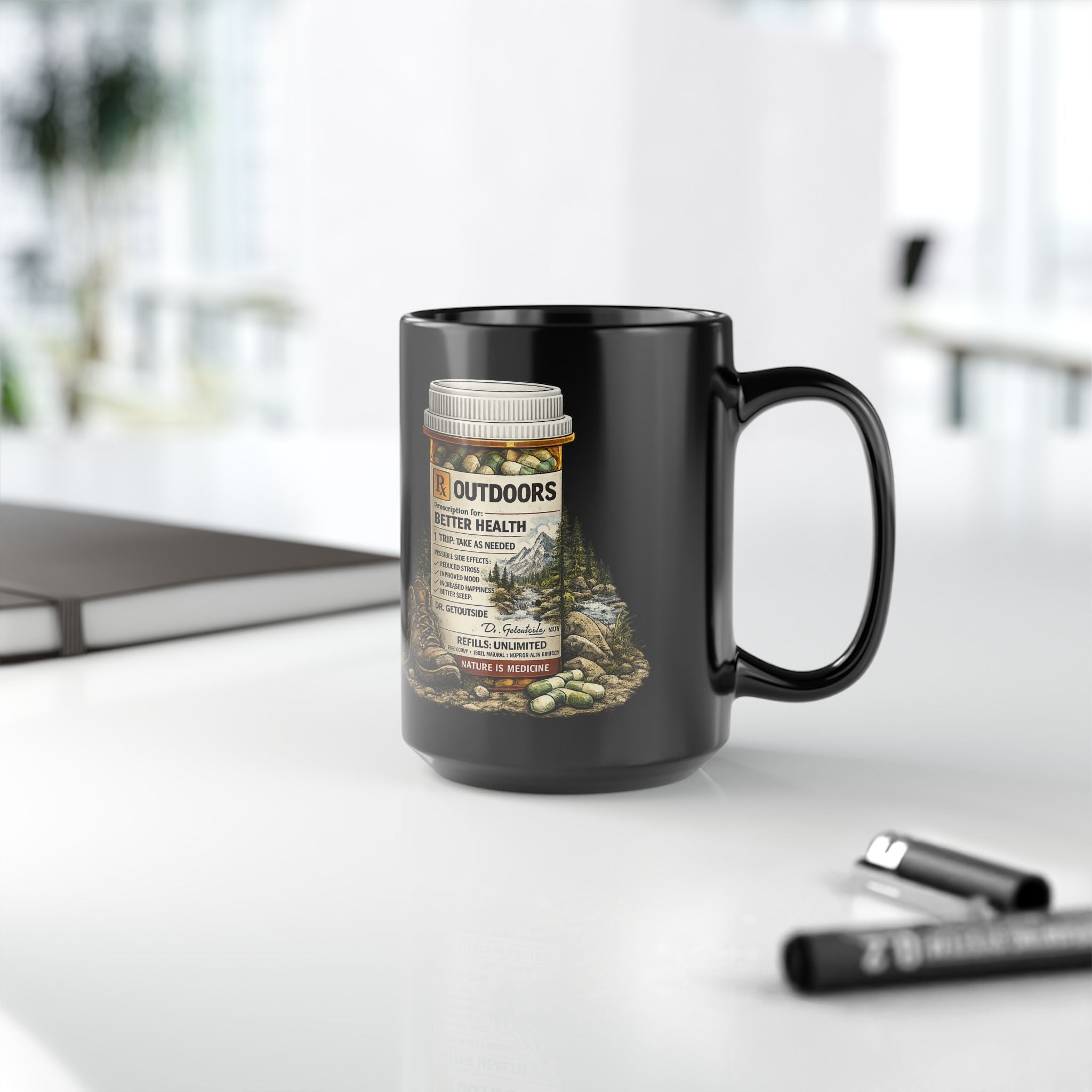 Left Hand Outdoor Mug — 'Outdoors: Better Health' Prescription Bottle Camping Coffee Mug