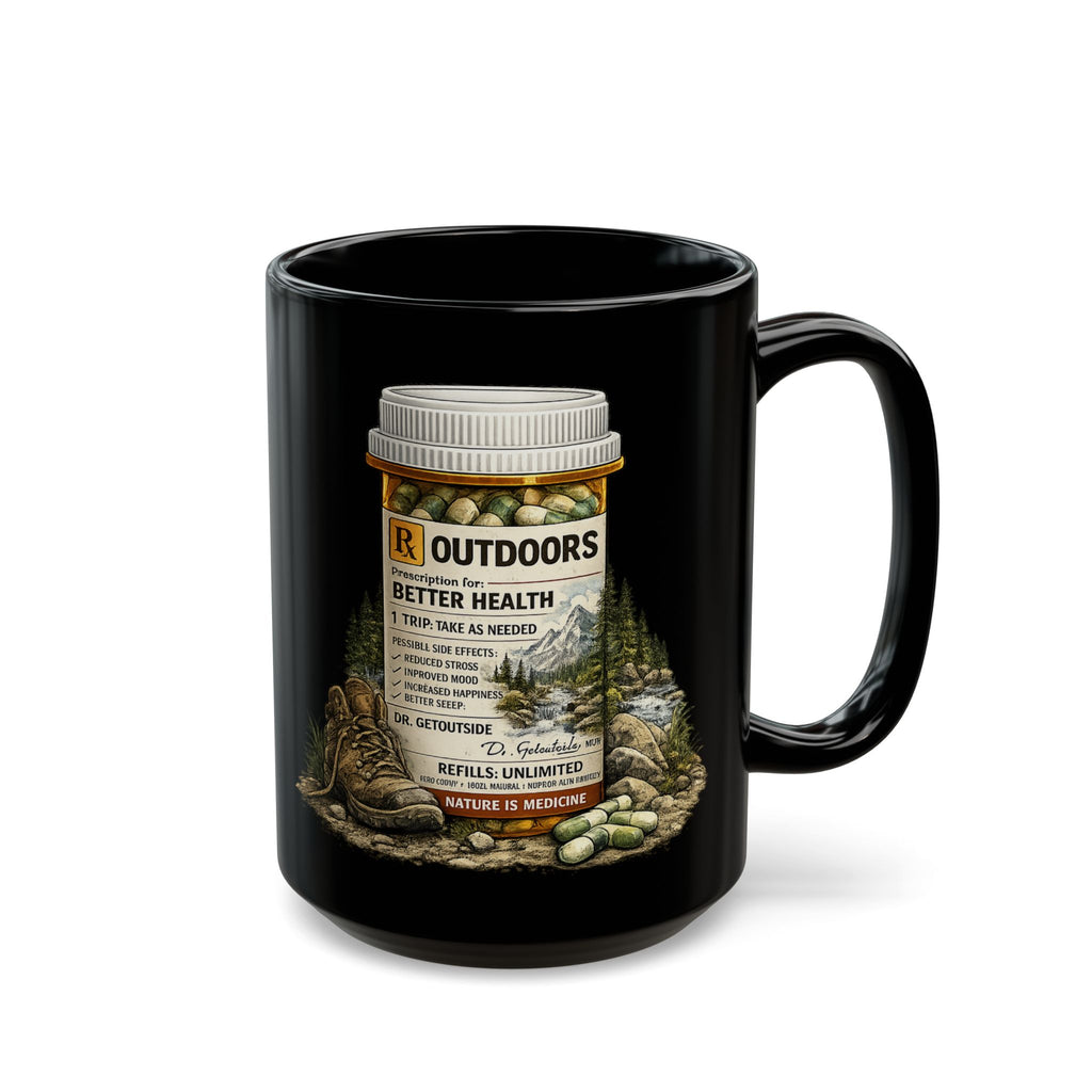 Left Hand Outdoor Mug — 'Outdoors: Better Health' Prescription Bottle Camping Coffee Mug