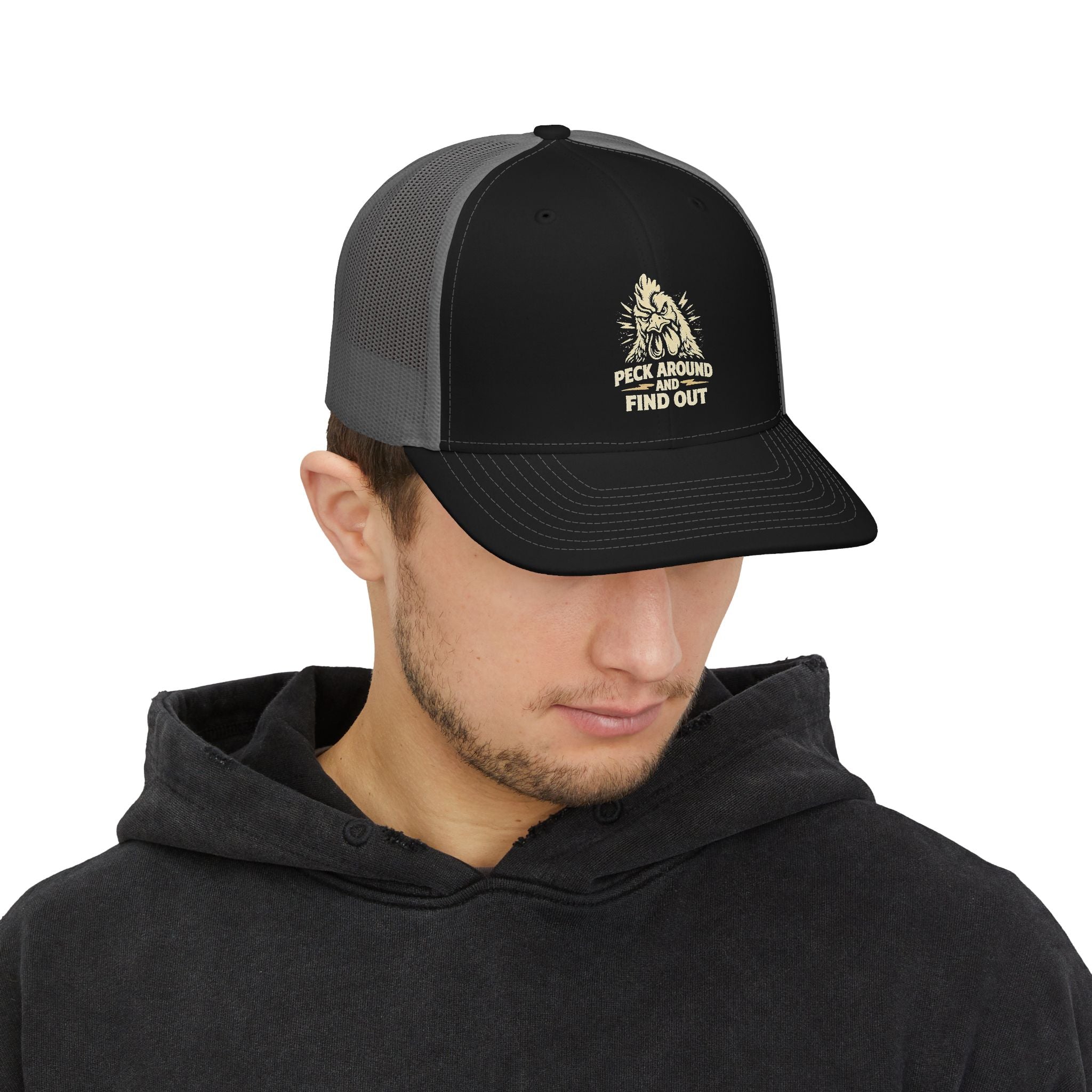 Snapback Trucker Cap — 'Peek Around & Find Out' Bigfoot Graphic Hat