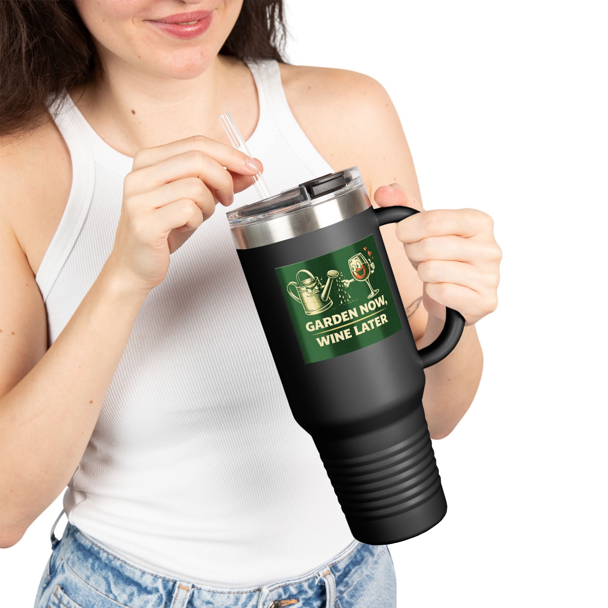 40oz Insulated Travel Mug — "Garden Now, Wine Later" Stainless Steel Tumbler for Gardeners