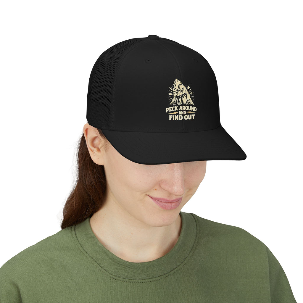 Snapback Trucker Cap — 'Peek Around & Find Out' Bigfoot Graphic Hat