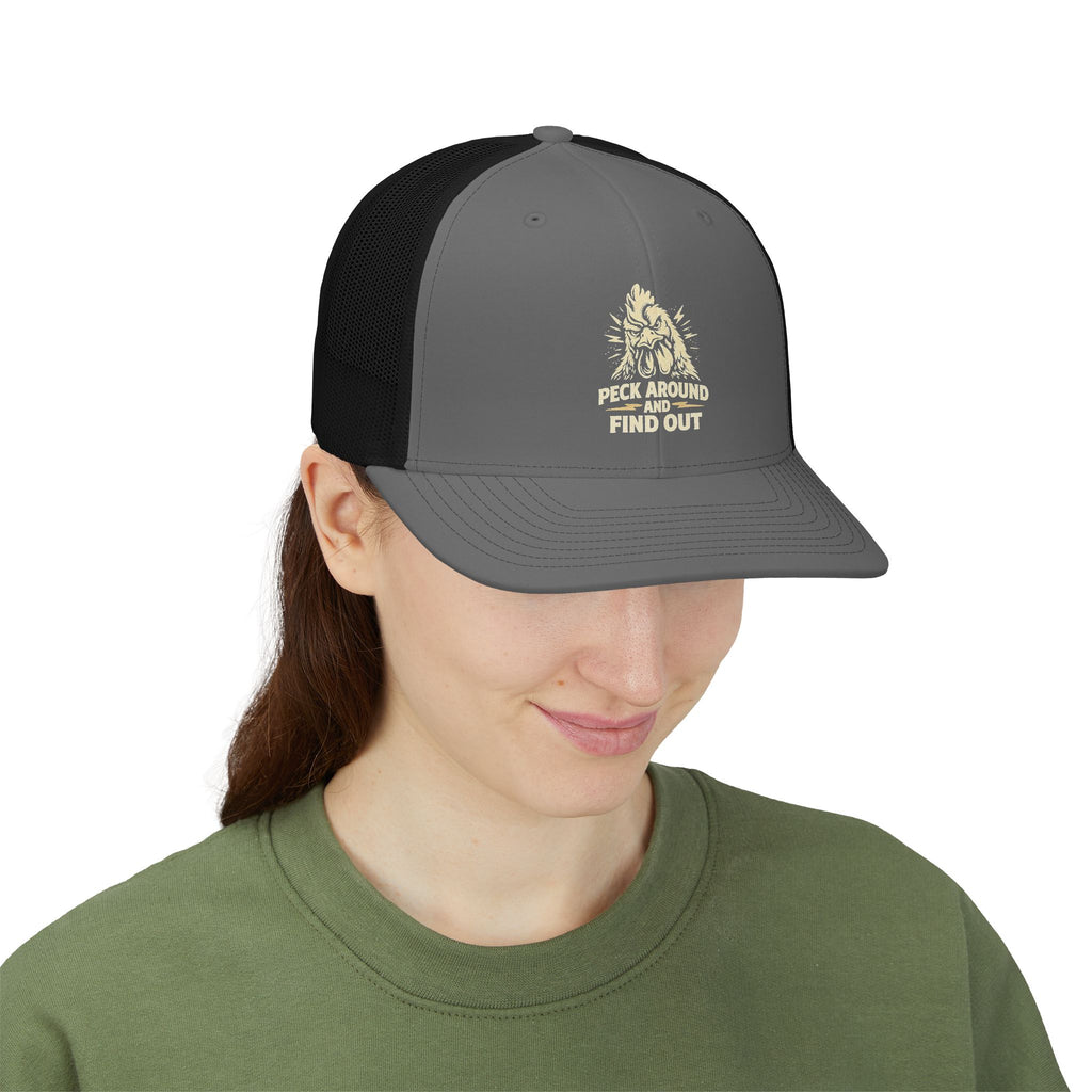 Snapback Trucker Cap — 'Peek Around & Find Out' Bigfoot Graphic Hat